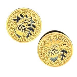 Antique Victorian 1880's gold tone round ornate acorn leaves enamel cuff buttons